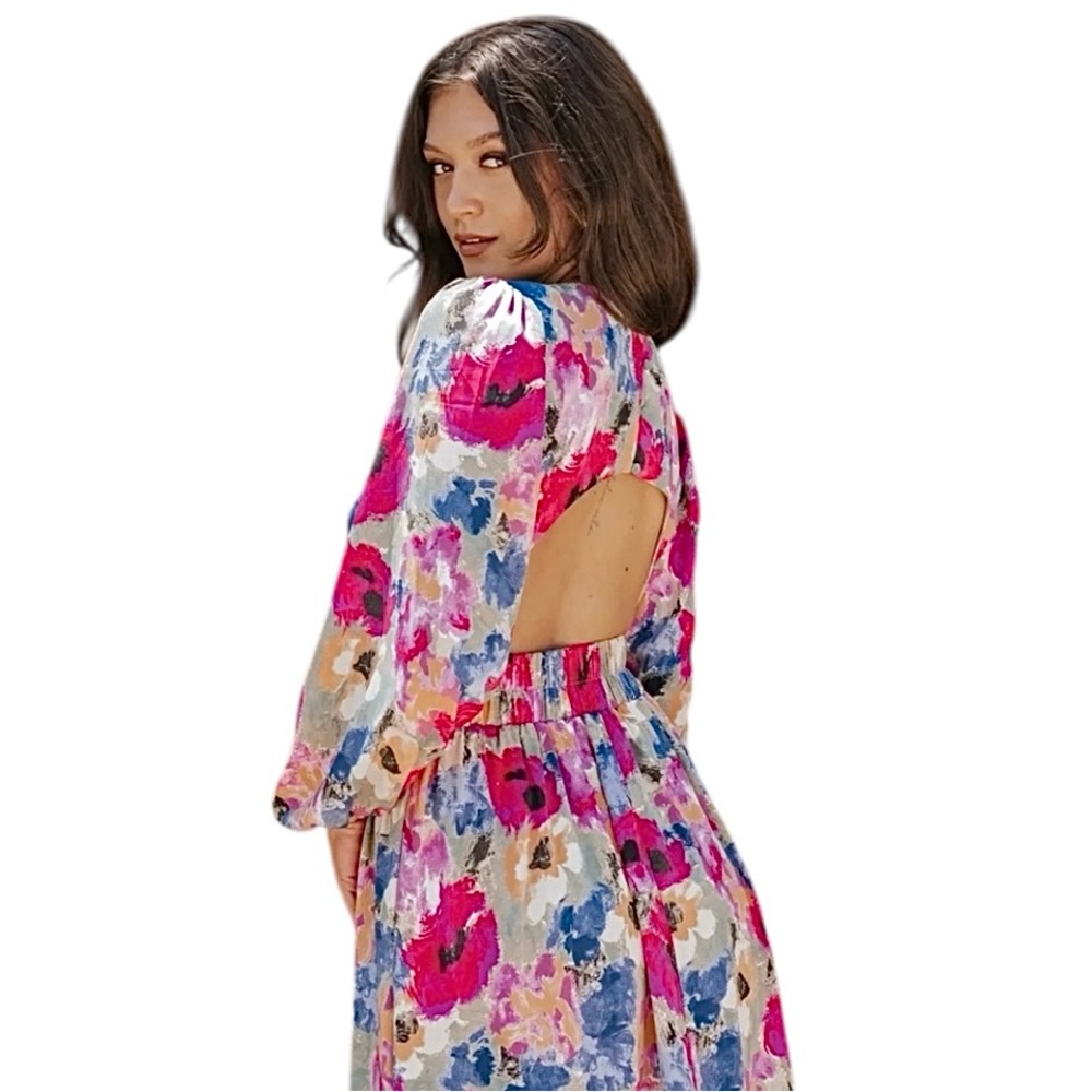Entro Multicolor Long Sleeve Floral Cut Out Sienna Maxi Dress Size Small NWT - Picture 2 of 14